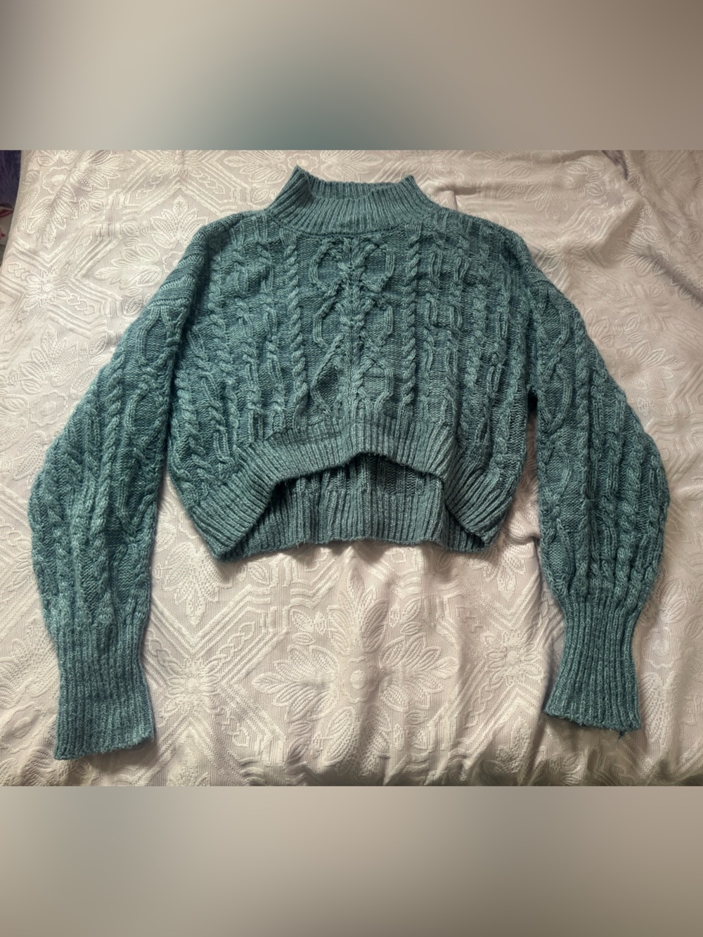 Arizona Jean Company Teal Cable Knit Cropped Turtleneck Sweater